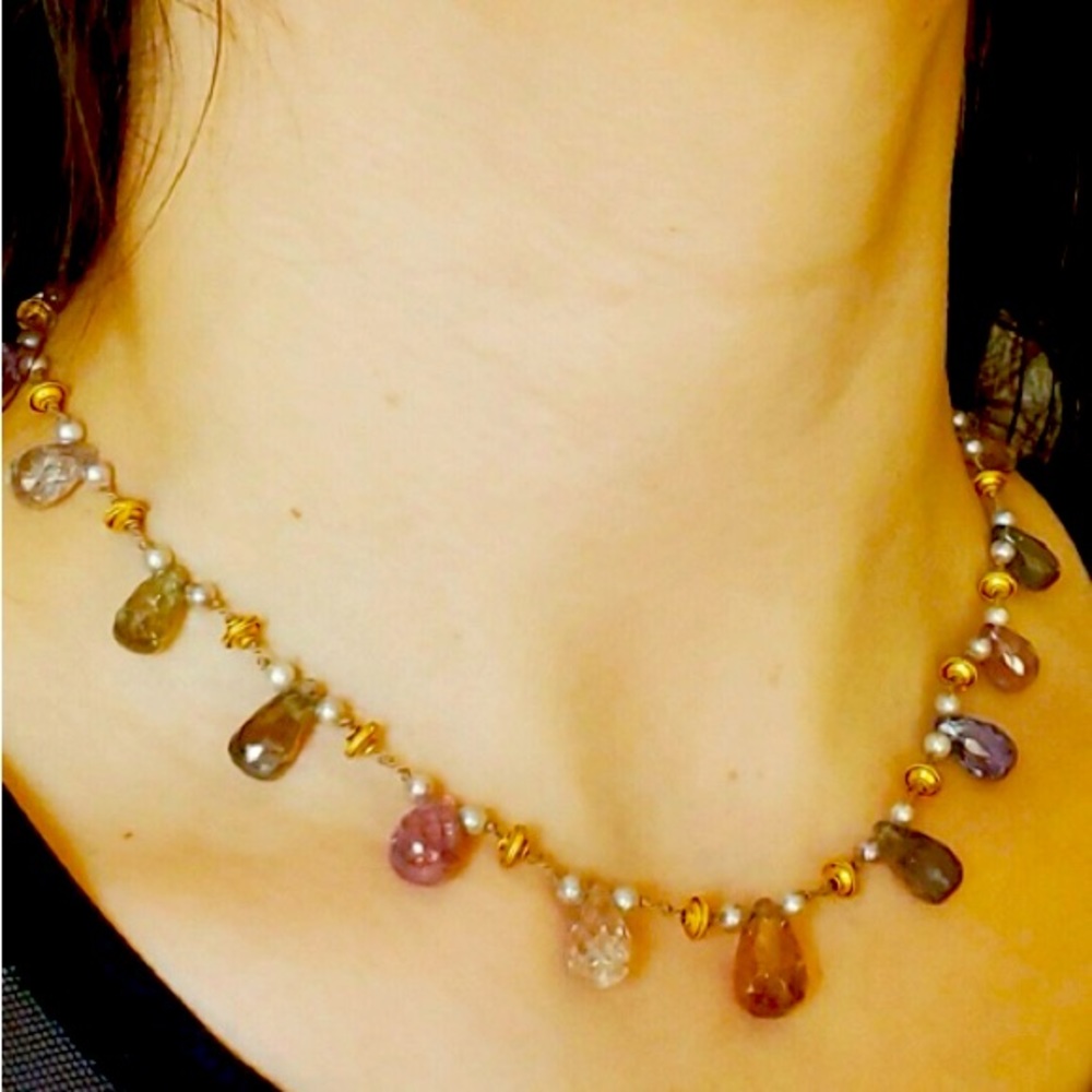 Wendy Brigode 18k yellow gold pearl & multi colored sapphire necklace